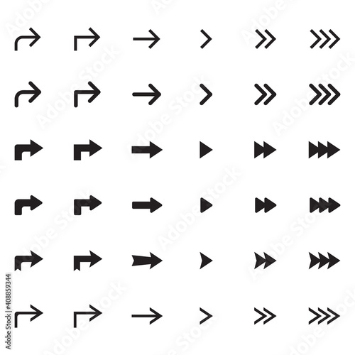 Arrow icon. Vector set of flat arrows of different shapes. Modern flat arrows isolated on white.