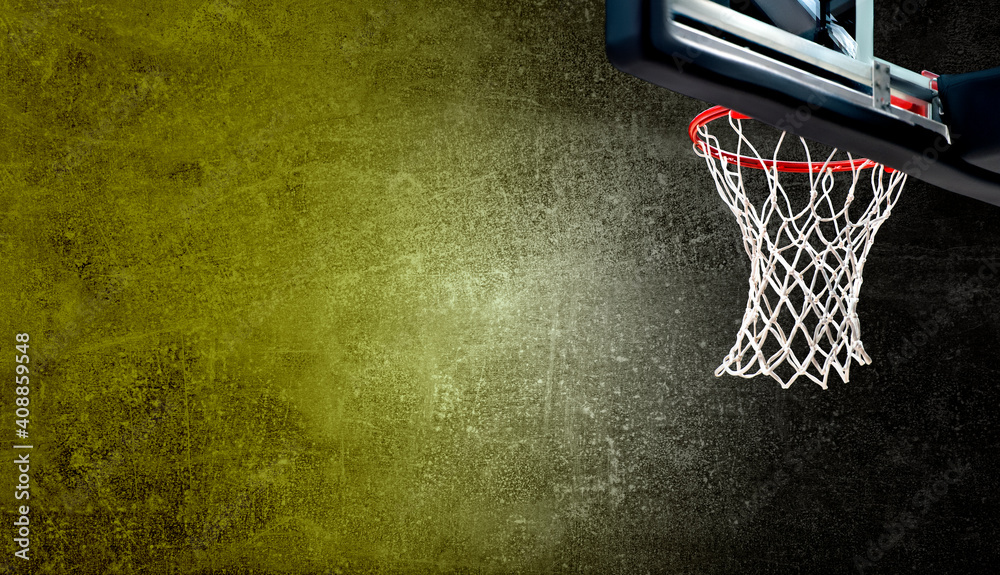 Basketball hoops against grey and yellow background. Banner art concept.