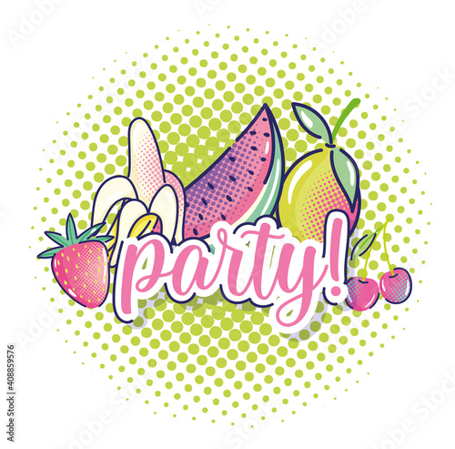 pop art tropical fruits watermelon strawberry mango cherry halftone
