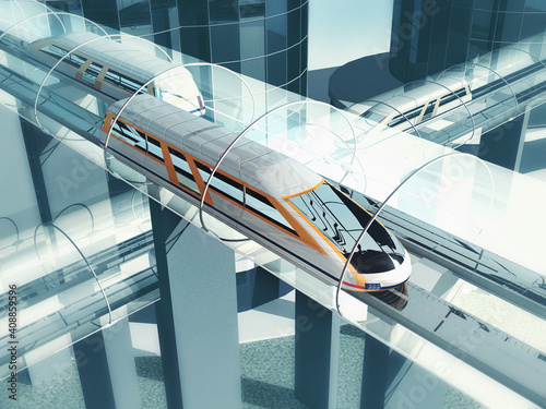 Concept of magnetic levitation train moving on the sky way in vacuum tunnel across the city. Modern city transport. 3d rendering illustration. photo