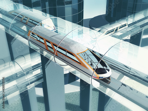 Concept of magnetic levitation train moving on the sky way in vacuum tunnel across the city. Modern city transport. 3d rendering illustration.