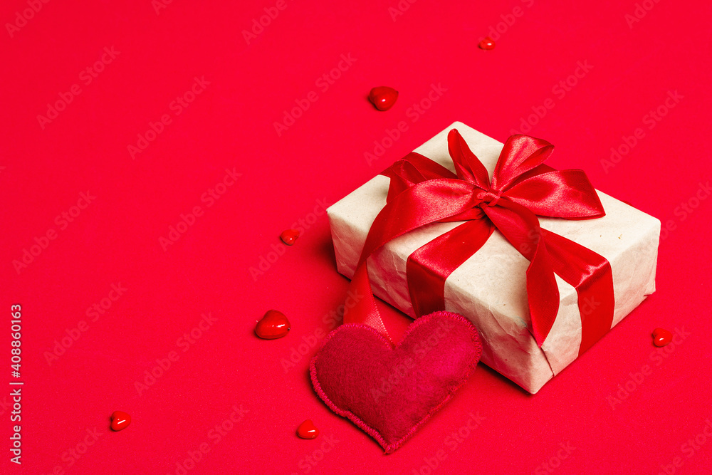 Valentine greeting card background with gift boxes, red ribbons and assorted hearts