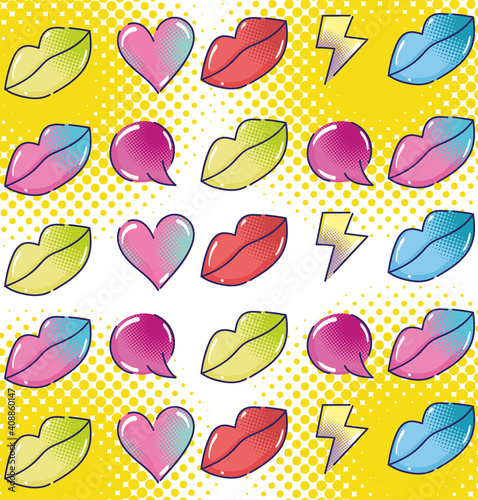 pop art halftone style female lips speech bubbles and rays background