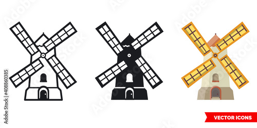 Mill icon of 3 types color, black and white, outline. Isolated vector sign symbol.
