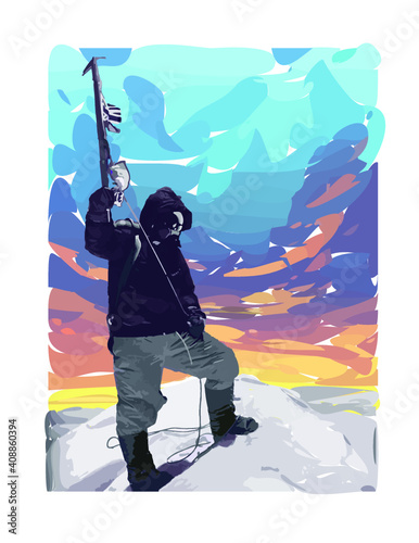 Tenzing Norgay at the summit of Mount Everest illustration