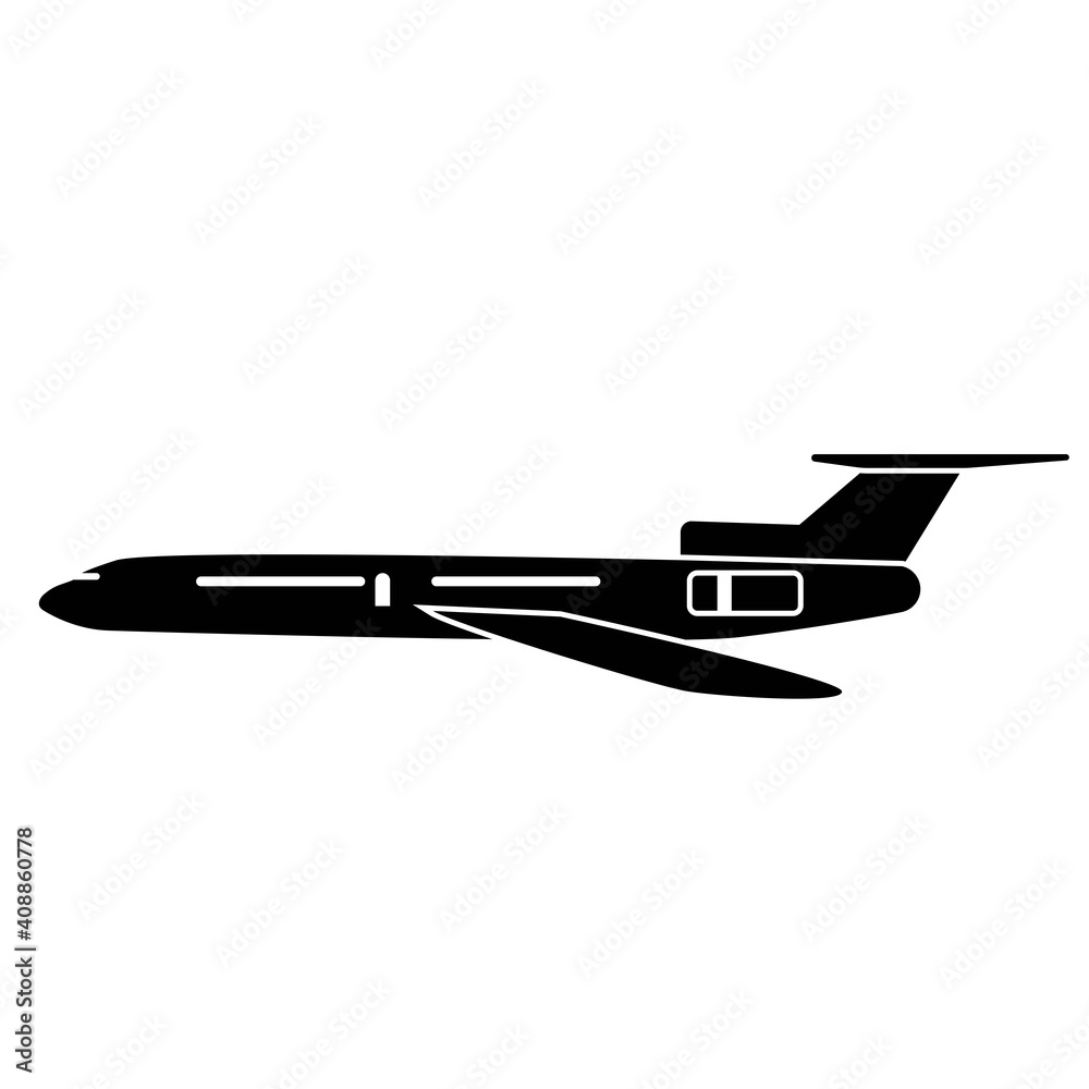 Vector graphics aircraft icon, black, isolated on white background. Flat design.