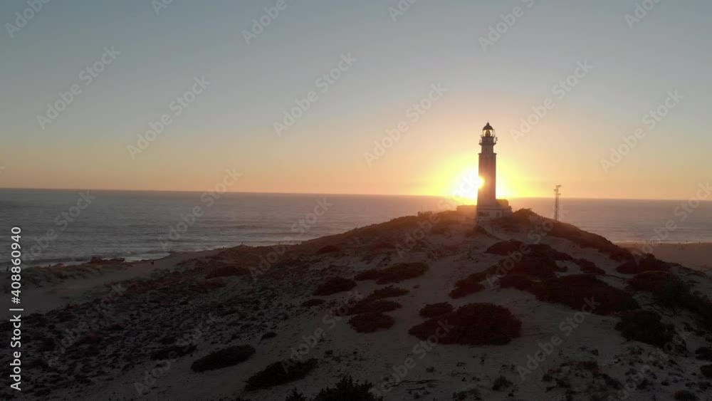 Aerial view of Cape Trafalgar lighthouse at sunset. Aerial view of Cape Trafalgar lighthouse at sunset.