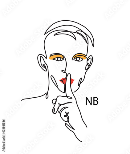 Nonbinary, enby, NB person concept. Man with make up and shh gesture. Simple vector illustration, man face line art