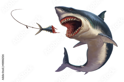 Great white shark attack bait tuna tail illustration isolate realism. A great white shark jumps out of the water.