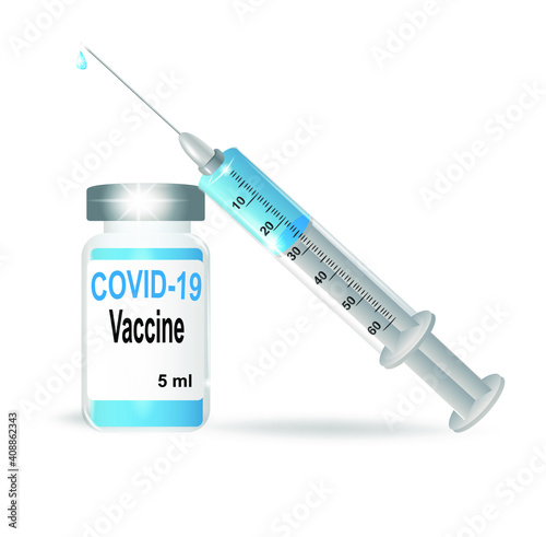 Covid-19 corona virus vaccination with vaccine bottle and syringe injection tool for covid19 immunization treatment. Vector illustration.
