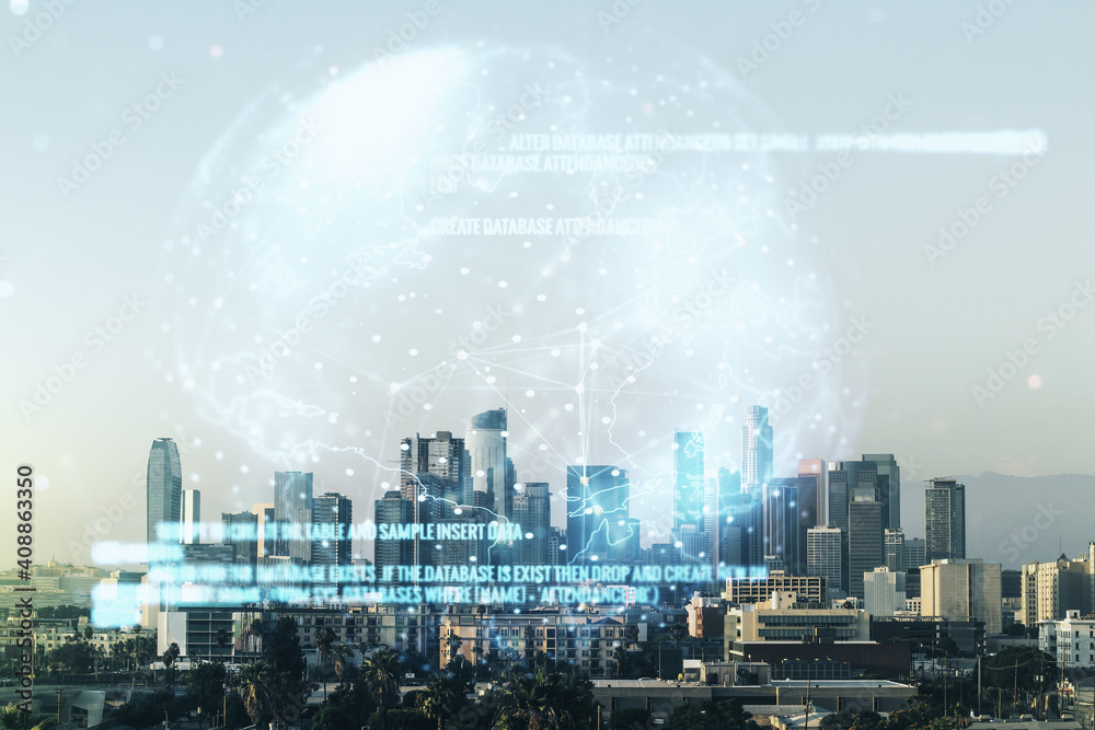 Multi exposure of abstract programming language hologram and world map on Los Angeles office buildings background, artificial intelligence and neural networks concept