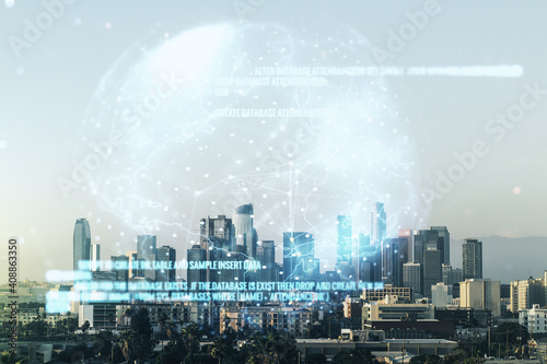 Multi exposure of abstract programming language hologram and world map on Los Angeles office buildings background, artificial intelligence and neural networks concept