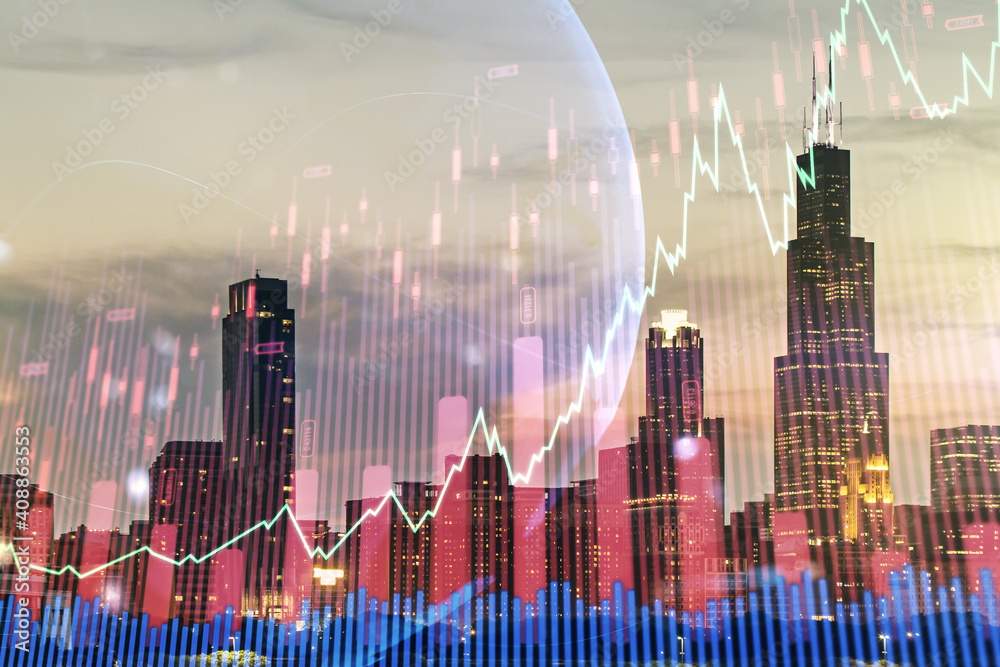 Abstract creative financial graph and world map on Chicago cityscape background, financial and trading concept. Multiexposure
