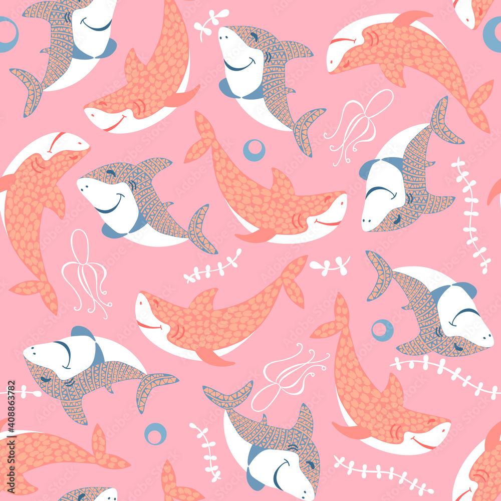 seamless pattern with cute smilling pink and blue baby sharks with leaves on pink background