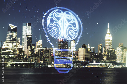 Abstract virtual light bulb illustration with human brain on New York cityscape background, future technology concept. Multiexposure