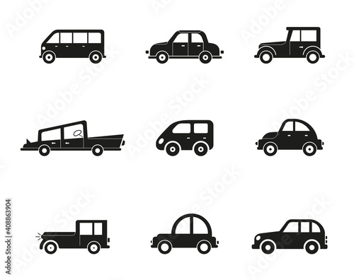 Transportation vehicle. Public cars, taxi, city bus. Road urban public transport, car side view collection isolated set. Transportation vehicle. Cars set. Minivan, cabriolet and pickup. Icons of gray