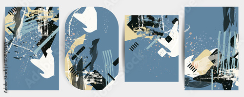 Elegant natural pastel muted pale calm tones card templates set. Collection of romantic invitations with gold abstraction background line color