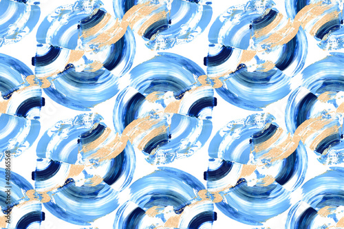 Hand drawn blue and gold brushstroke swash seamless pattern. Paint swatch smear background. Wave stain splash art stroke wallpaper. Abstract creative glossy texture splatter repeat clipart