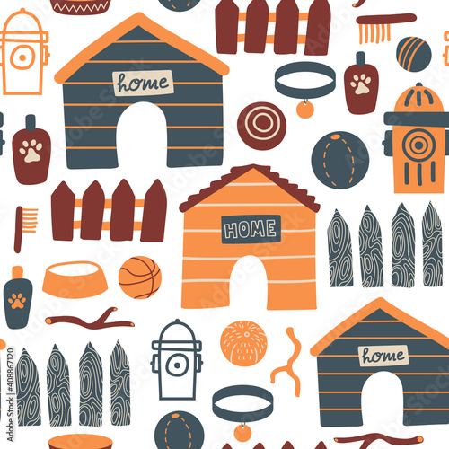 Vector seamless pattern with fire hydrant, balls, dog collar, fence, branch, doghouse, shampoo and bowl on white background. Cute dog stuff illustration for fabric, textile, background, wallpaper