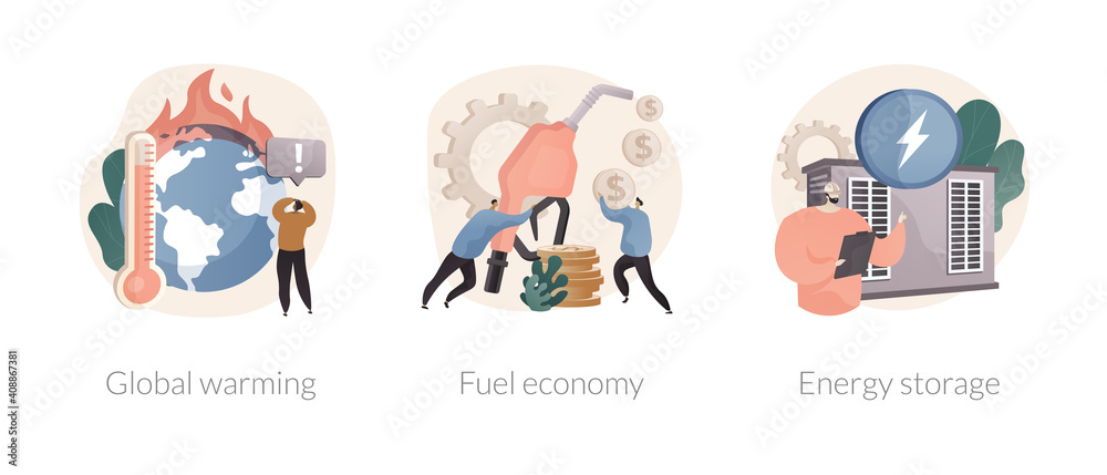 World climate impact abstract concept vector illustration set. Global warming, fuel economy, energy storage, greenhouse effect, eco friendly engine, solar panel, wind turbine abstract metaphor.