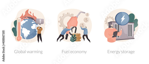 World climate impact abstract concept vector illustration set. Global warming, fuel economy, energy storage, greenhouse effect, eco friendly engine, solar panel, wind turbine abstract metaphor.