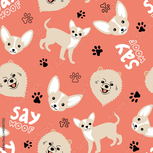 Fototapeta Naklejka Na Ścianę i Meble -  Vector seamless pattern with Chihuahua, Pomeranian, paw prints and lettering 'Say Woof' on pink background. Cute dogs illustration for fabric, textile, background, wallpaper