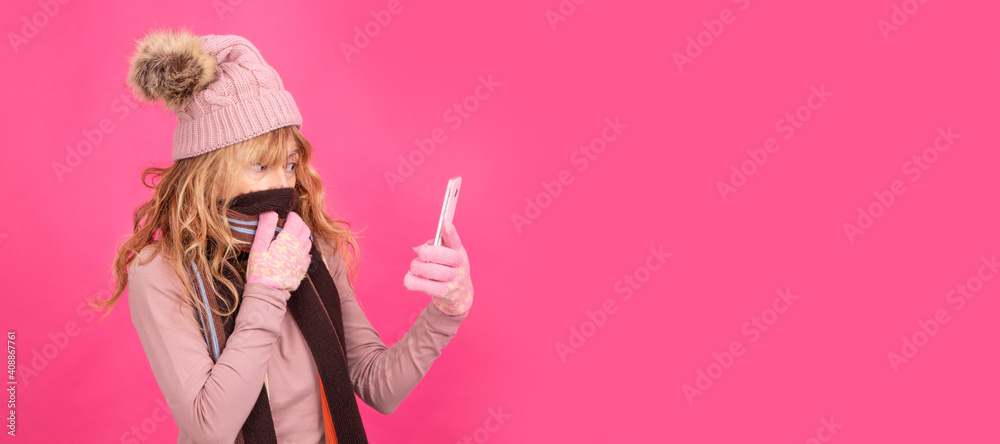 warm adult woman with mobile phone isolated