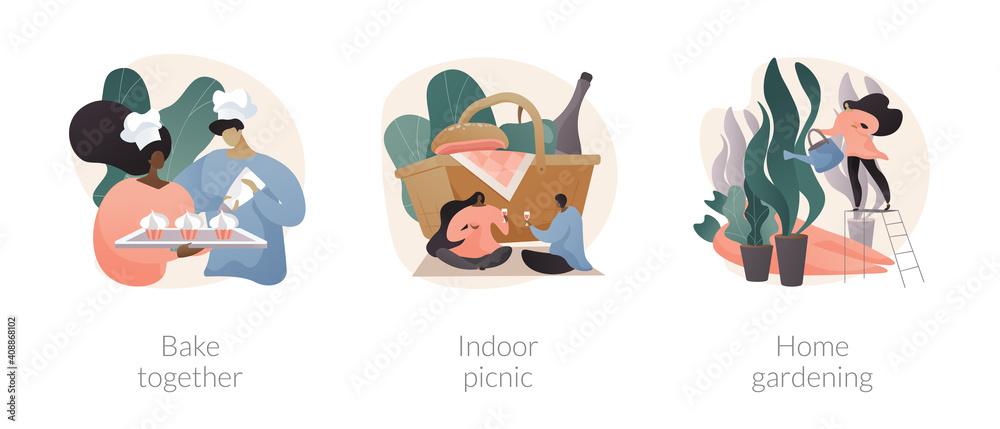 Family fun during quarantine abstract concept vector illustration set. Bake together, indoor picnic, home gardening, baking with children, eco gardening, indoor activities ideas abstract metaphor.