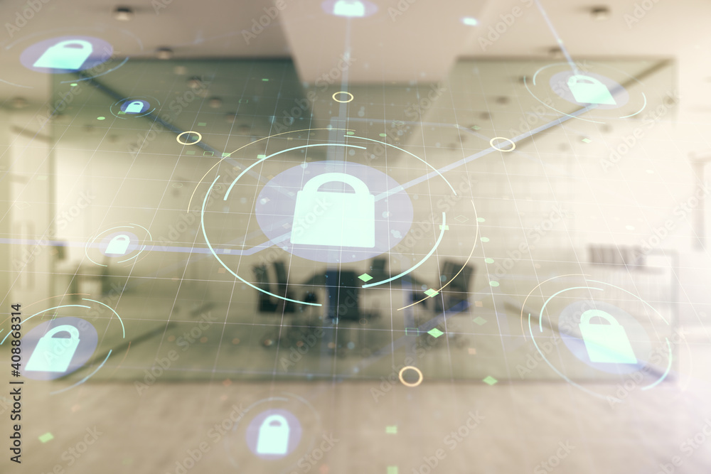 Virtual creative lock illustration with microcircuit on a modern furnished classroom background, cyber security concept. Multiexposure Virtual creative lock illustration with microcircuit on a modern furnished classroom background, cyber security concept. Multiexposure