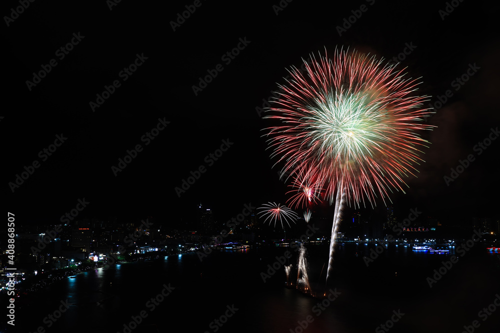 Huge beautiful Fire work over the Pattaya bay at Chonburi, Thailand Huge beautiful Fire work over the Pattaya bay at Chonburi, Thailand