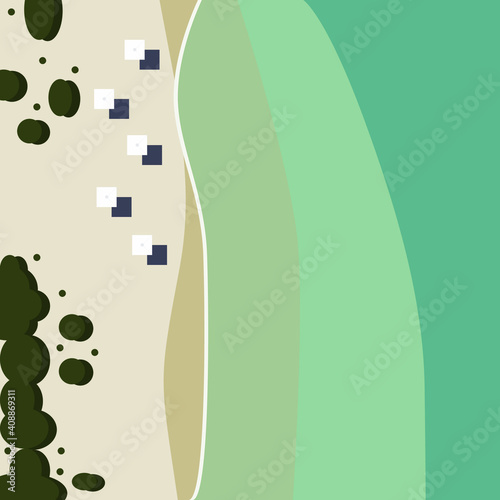Seafront view on long sand beach with trees and sun umbrellas. Waves of blue water Mediterranean Sea. Colorful vector illustration.