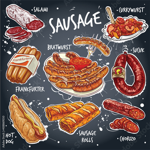 Hand drawn vector illustration set of various sausage products.