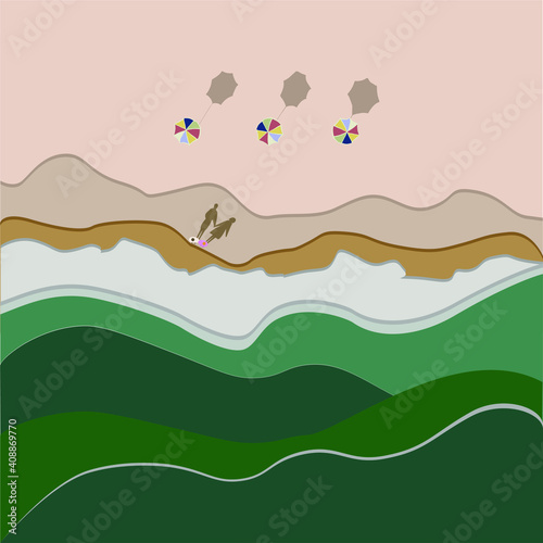 Seafront top view on long sand ocean beach with couple shadows. Couple hugging walking on the beach.Waves of blue water Mediterranean Sea or Ocean. Colorful vector illustration.