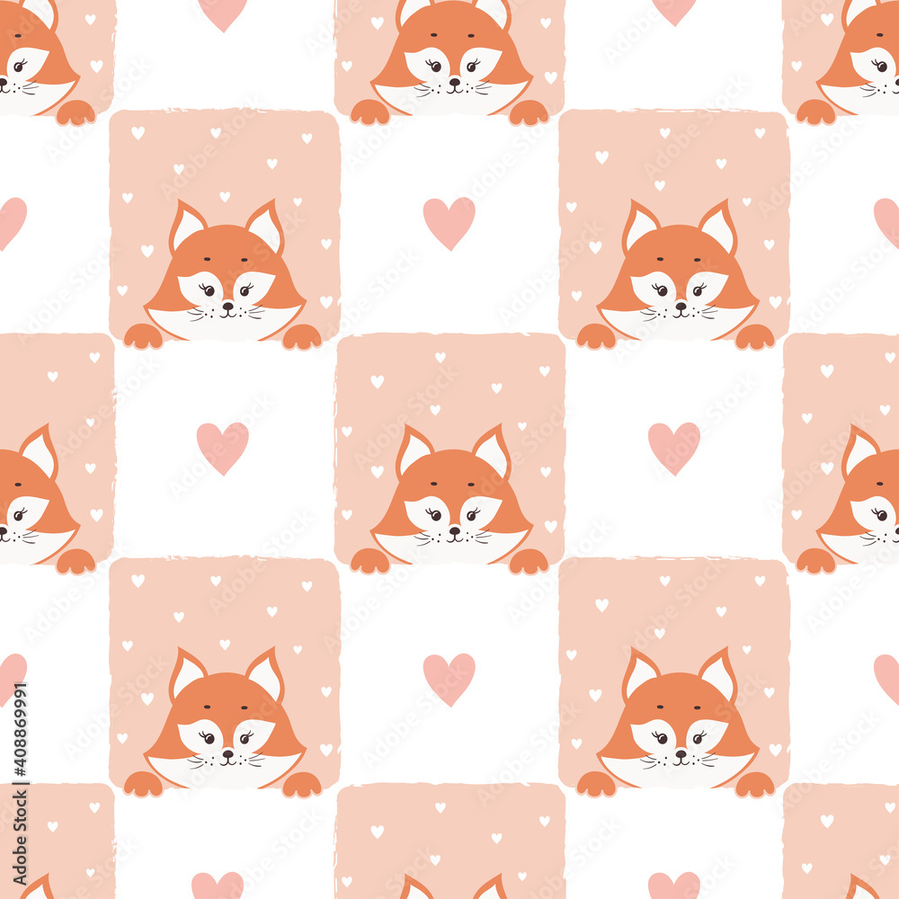 Seamless checked pattern with cute cartoon fox. Baby print.