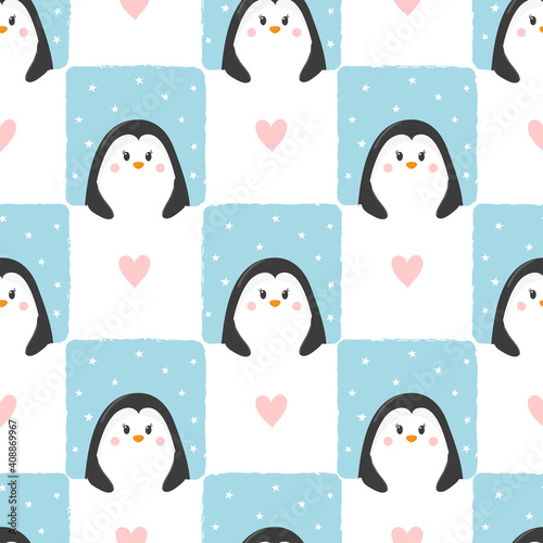 Seamless checked pattern with cute cartoon penguins. Vector childish illustration	