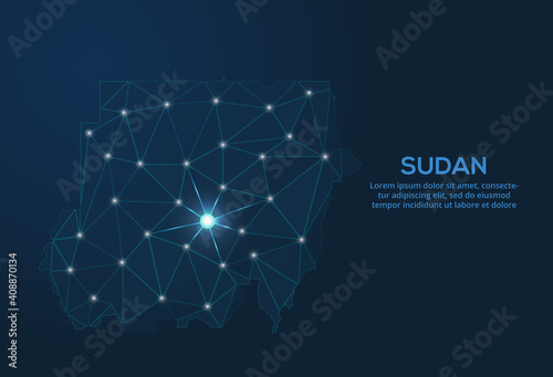 Sudan communication network map. Vector low poly image of a global map with lights in the form of cities. Map in the form of a constellation, mute and stars.