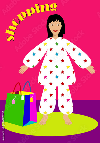 Chica, mujer o señora de compras probándose un pijama de estrellas de colores