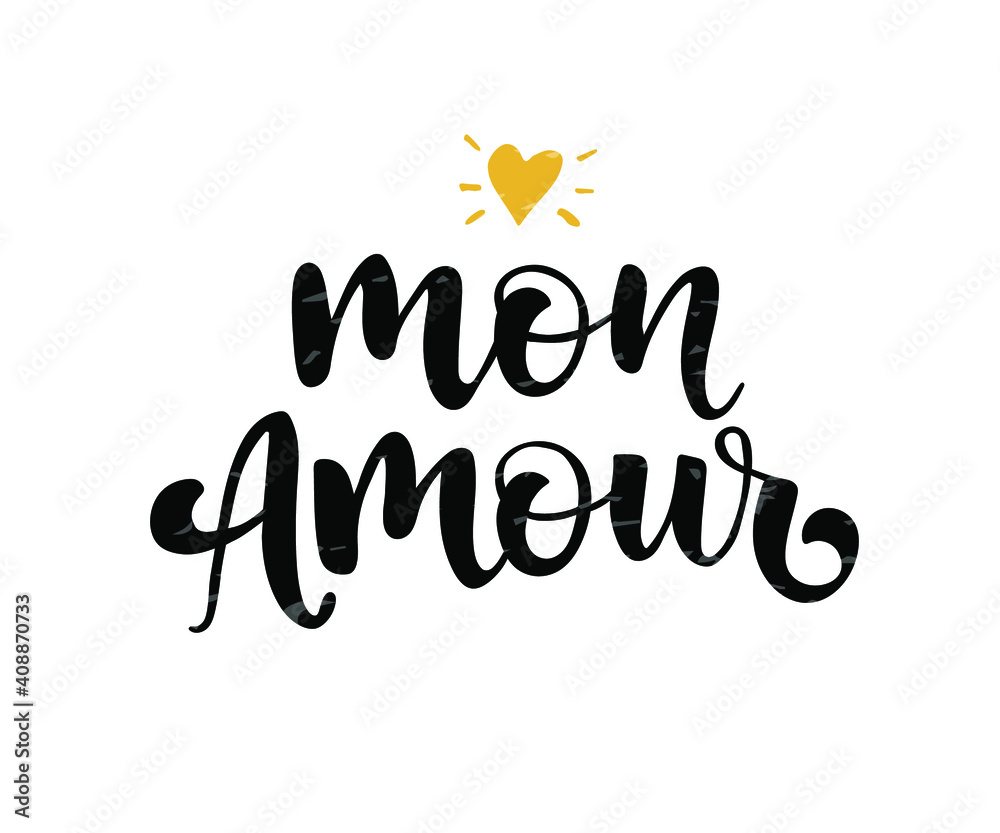 Vector illustration of Mon Amour text. Romantic badge, tag, icon. Inspirational quote card, invitation, banner. Lettering typography poster, Valentines Day logotype. EPS 10 Vector illustration of Mon Amour text. Romantic badge, tag, icon. Inspirational quote card, invitation, banner. Lettering typography poster, Valentines Day logotype. EPS 10