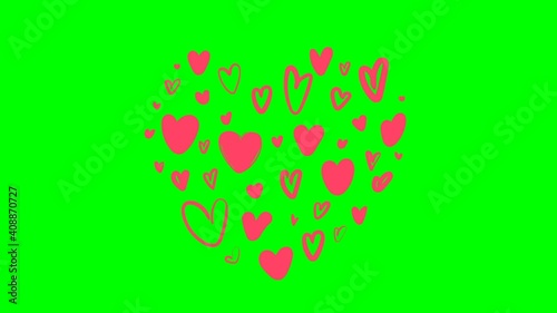 heart, many hearts . Animated pattern. Background of hearts, canvas, clipart of hearts.cartoon, animated cartoon, on white . for valentine's day, romance , 4k, green screen