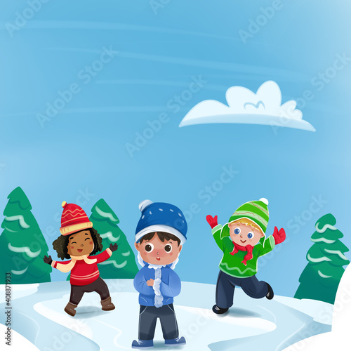 three children playing in the snow outside. cute illustrations. cartoon