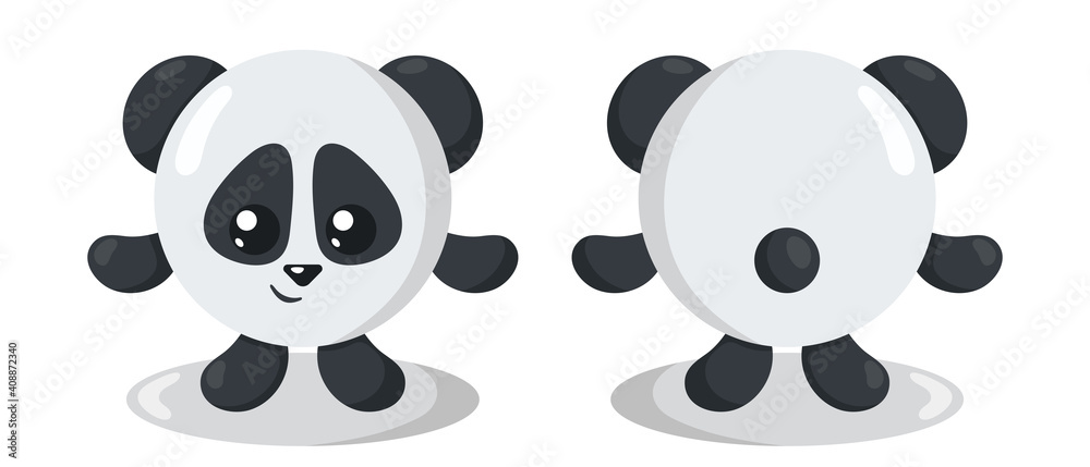 Obraz premium Funny cute kawaii panda with round body in flat design with shadows, front and back. Isolated animal vector illustration 