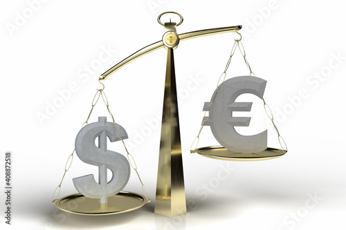 3D Illustration zur Visualisierung des Währungskurses von US-Dollar und Euro mit Hilfe einer Balkenwaage