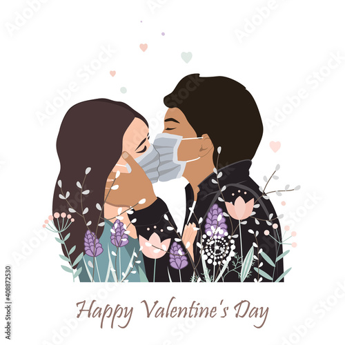 Valentine Day Greeting Card. Kissing Couple with Disposable Face Masks, Medicine Disease Prevention Propaganda. Coronavirus and Love