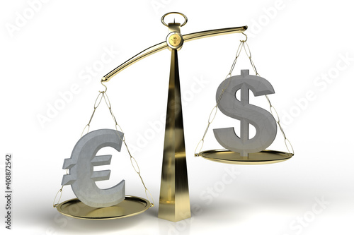 3D Illustration zur Visualisierung des Wechselkursverhältnis zwischen US-Dollar und Euro mittels einer Waage