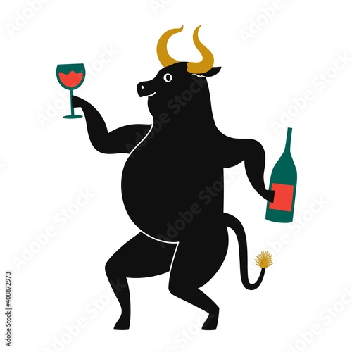 Vector party illustration with smiling dancing black bull and wine bottle and glass. Happy ox Year print template, greeting card design with animal