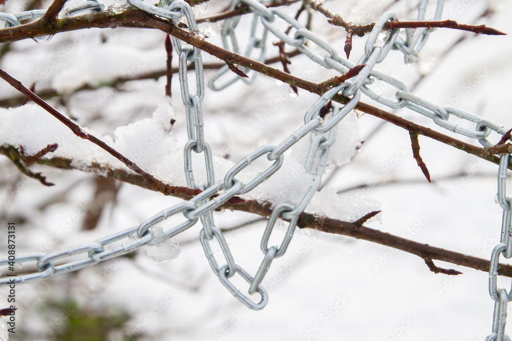 Metal chain hanging on a bush branch in winter