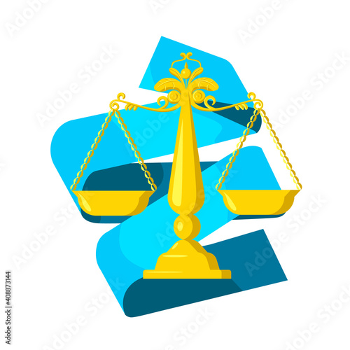 Vector cartoon isolated metaphor illustration with gold vintage scales. White background with blue folded ribbon. Concept of balance, correct decisions, harmony, justice, evaluation, choice.