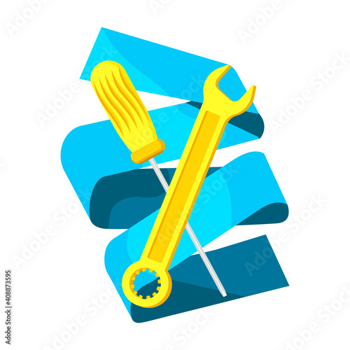 Vector cartoon isolated metaphor illustration with gold screwdriver and wrench. White background, blue folded ribbon. Concept setting up, repairing.