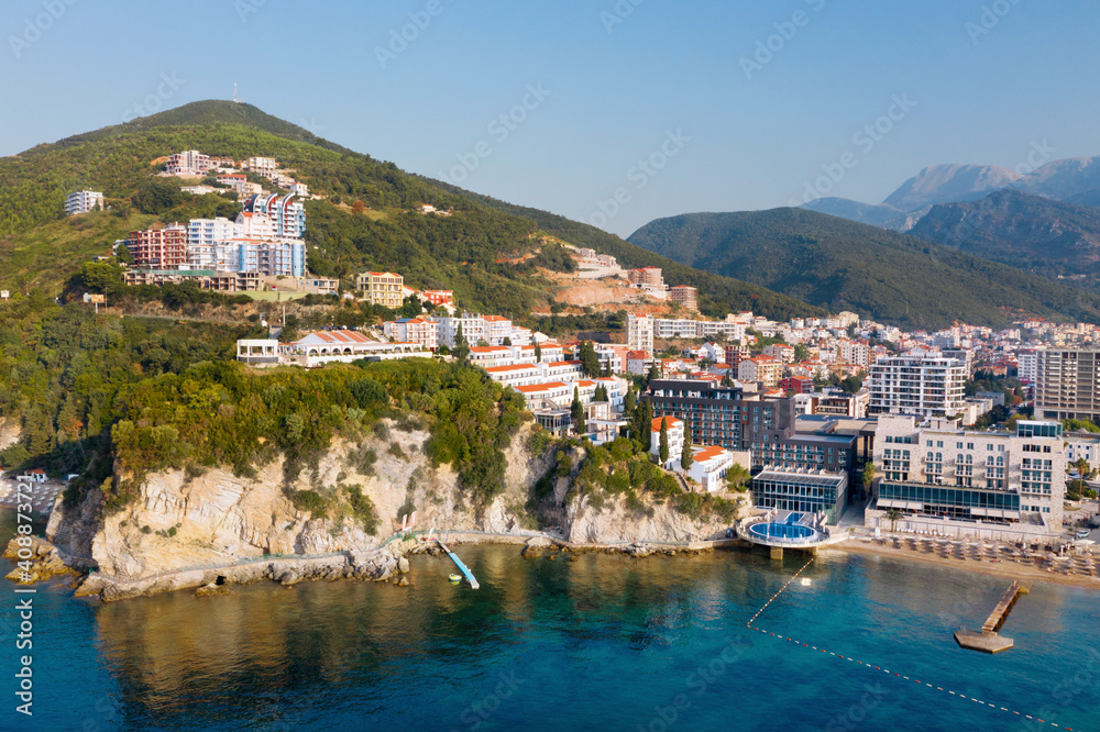 Budva. Montenegro. View of the city from above. Aerial photography. Dawn.