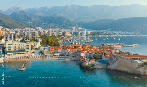 Budva. Montenegro. View of the city from above. Aerial photography. Dawn.